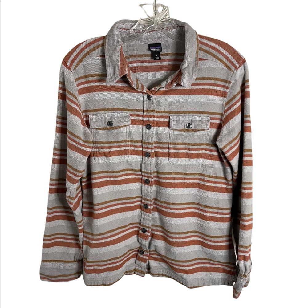 Patagonia/Common Threads Orange Stripped Gray Flannel Shirt Size 8